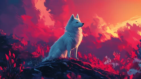 White wolf stands on ridge under vivid crimson sunset