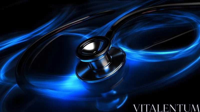 Modern stethoscope with glowing blue light streaks, digital art.
