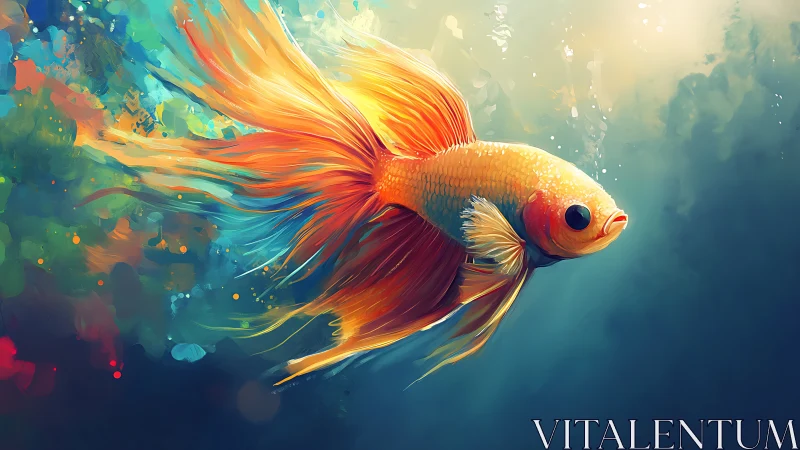 Vibrant digital painting of an orange betta fish underwater.