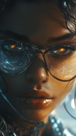 Cybernetic woman close-up with glowing neural-reflective glasses