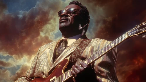 Blues guitarist in striped suit plays beneath stormy skies.