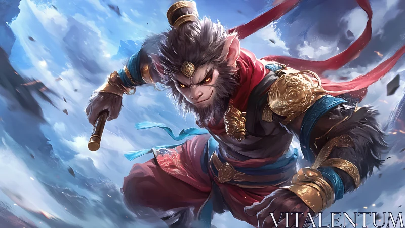 Mythic monkey warrior lunges forward in stormy sky battle
