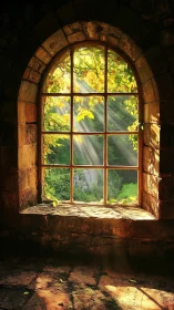 Stone arch window with sunlit foliage and garden view.