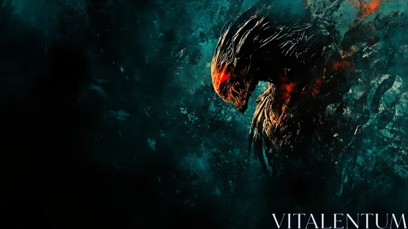 Fiery-eyed shadow creature emerges from swirling teal darkness