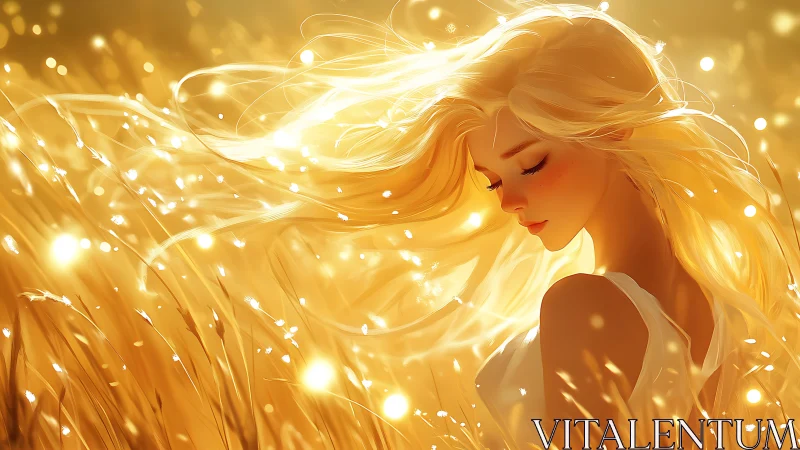 Golden summer breeze embraces a dreamy girl in warm light