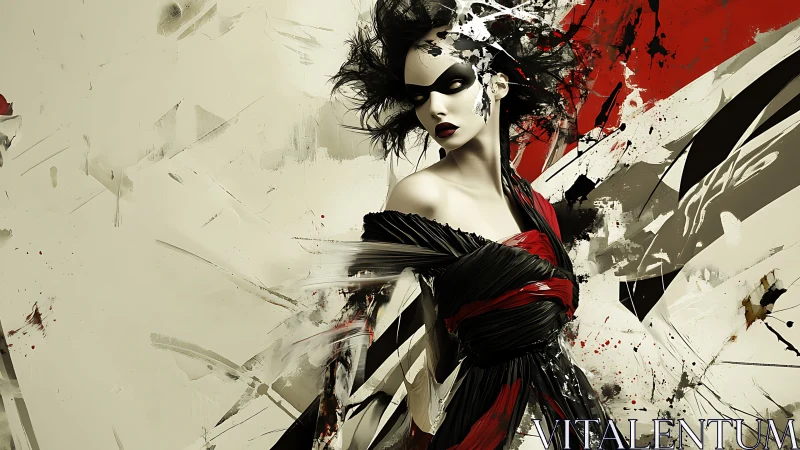 Bold masked muse rises amid wild abstract splashes of color