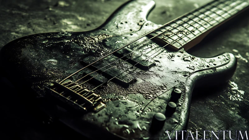 Weathered electric bass guitar glistens with gritty texture.