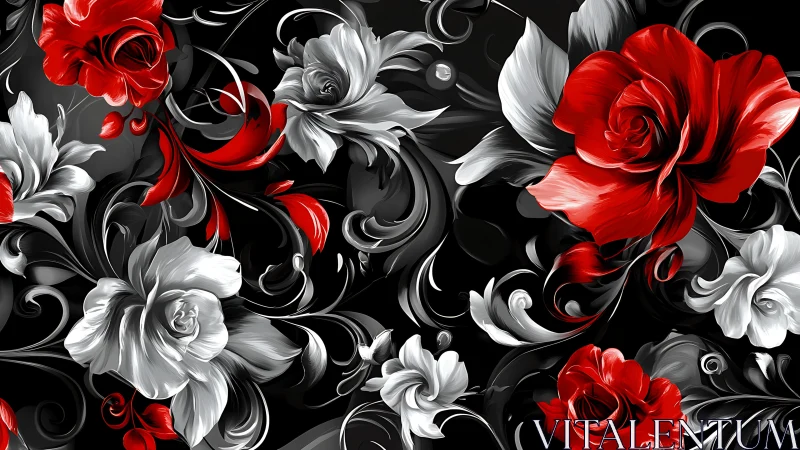 Red and White Roses with Ornamental Scrollwork