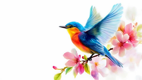 Vibrant bluebird perched on cherry blossoms in watercolor style.