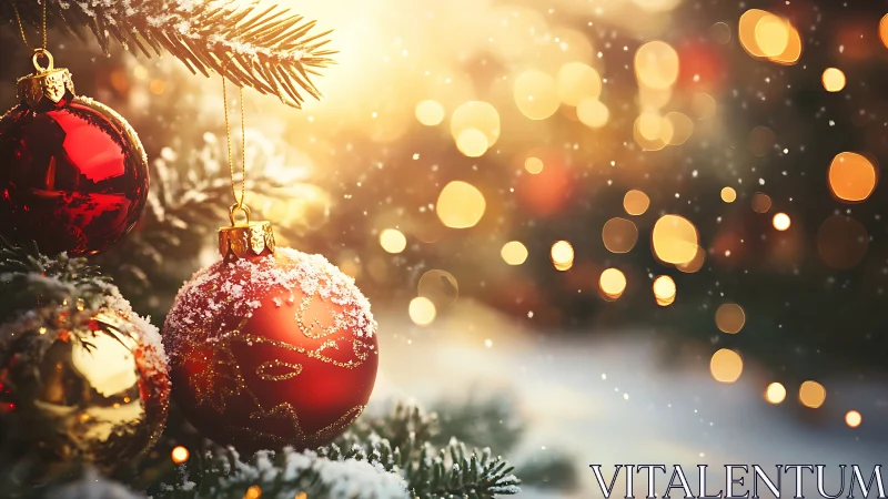Snow-dusted crimson baubles drinking in golden holiday glow.