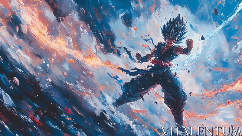 Blue haired anime warrior floating in a fiery storm sky.