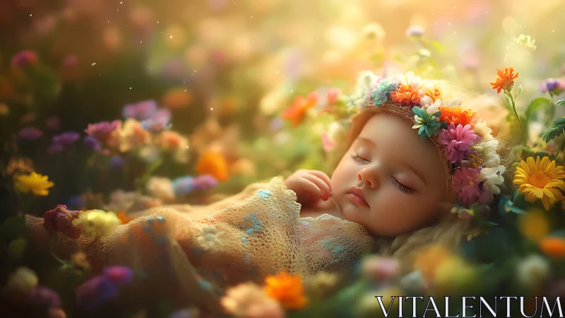 Digital rendering shows infant sleeping in dense flower field
