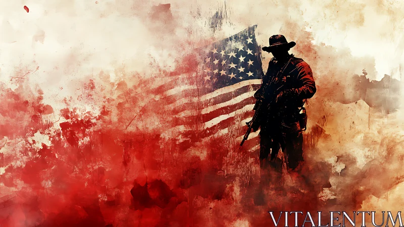 Silhouetted soldier stands bold against a weathered flag backdrop