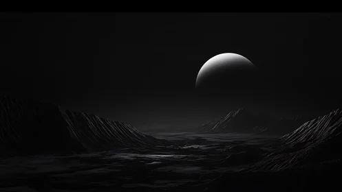 Distant crescent planet above dark rocky extraterrestrial plain.