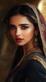 Portrait of woman in embroidered shawl with neutral gaze.