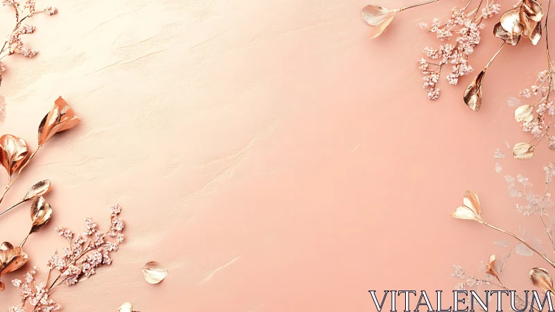 Metallic botanical elements frame a matte peach background