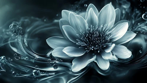 Silver lotus blooms over swirling liquid glass surface.