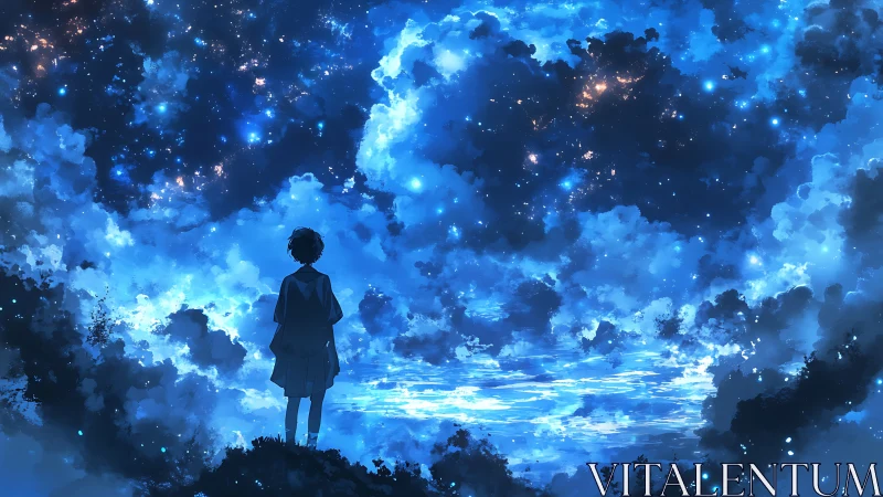 Silhouette observing luminous cloudscape and star field.