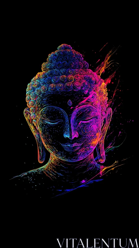 Neon meditative Buddha portrait in fluid line glow art.