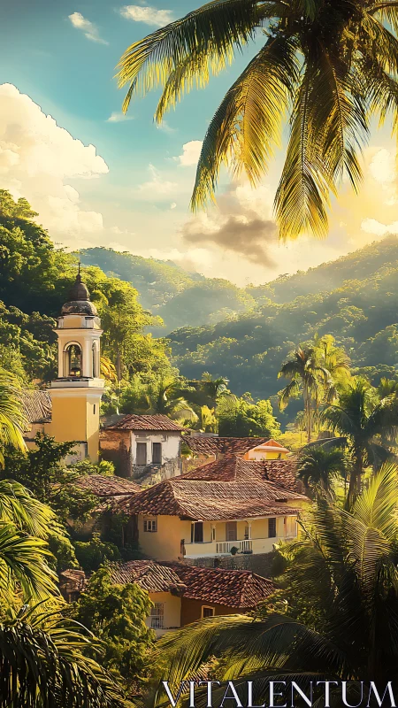 Sunlit tropical village with church tower and palm hills.