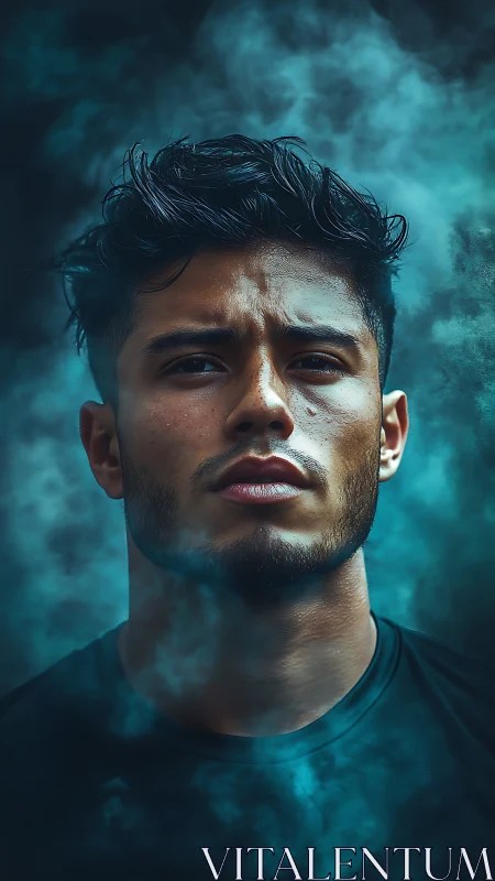 Strong gaze emerging through swirling teal mist.