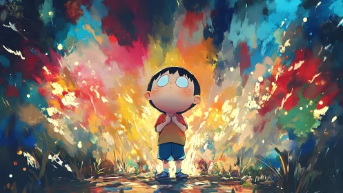 Small child bathed in radiant abstract color storm backdrop.