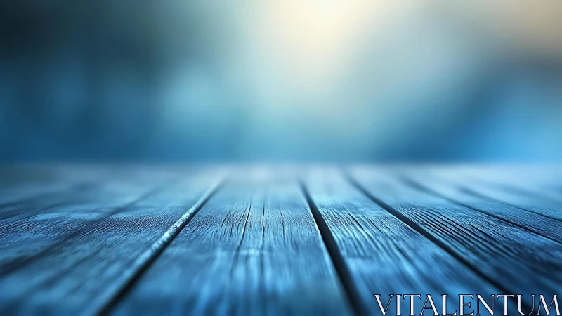 Rustic Wooden Table Surface with Blue Tones and Soft Focus Background.