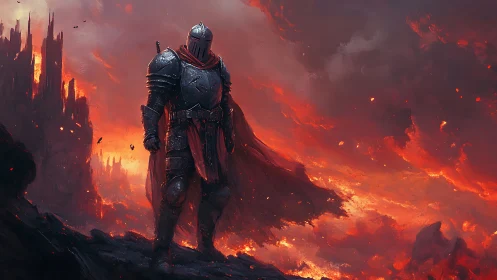 Armored knight stands over burning volcanic wasteland.
