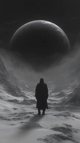 Solitary cloaked wanderer under eclipsed lunar horizon
