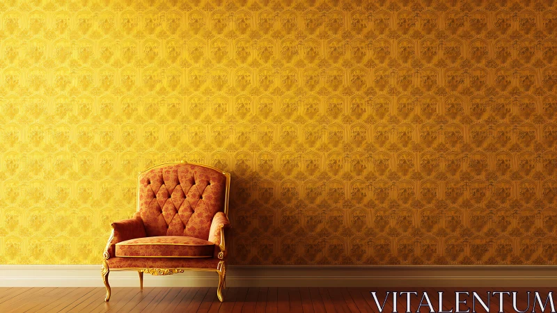 Upholstered armchair against patterned golden wallpaper wall.