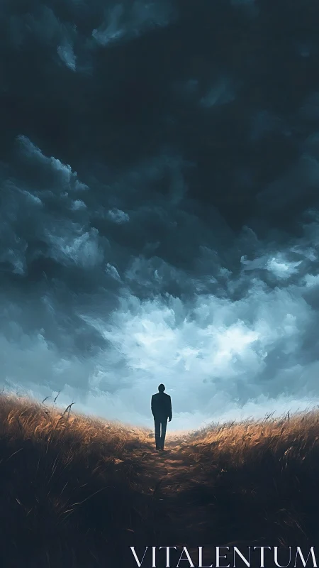 Lone wanderer walking toward a glowing break in stormy sky.