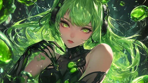 Cybernetic green android girl with luminous liquid energy.