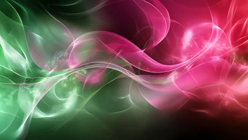 Neon energy ribbons cross luminous pink and green field.