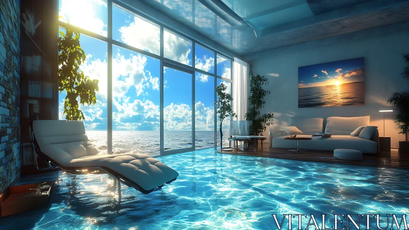 Sunlit ocean lounge where living room melts into pool.