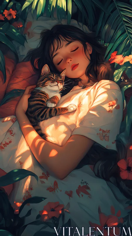 Dreamlike garden slumber with cat in dappled sunset light.