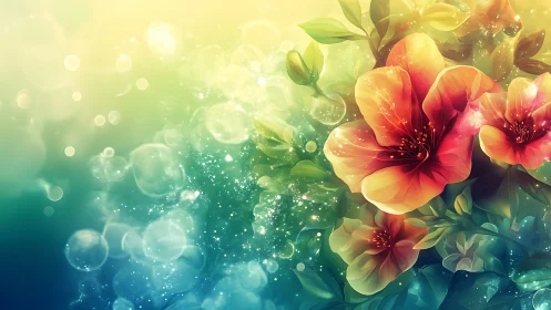 Digital illustration shows hibiscus flowers amid bokeh field