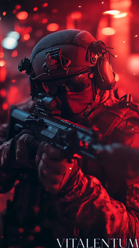 Tactical operator in red-spectrum combat optics environment.