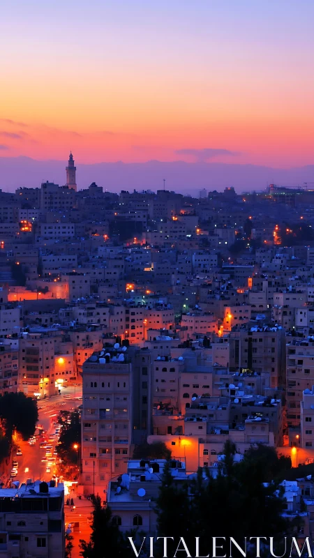 Twilight urban skyline with warm streetlight grid composition.
