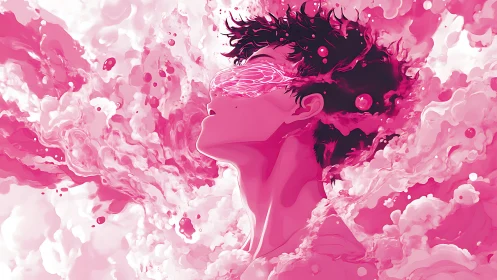 Neon pink dreamscape engulfs a serene, floating figure.