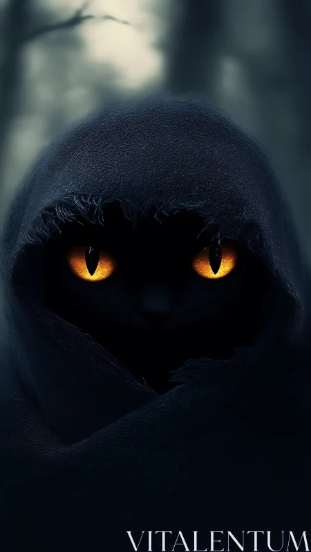 Cloaked black cat portrait with luminescent amber eyes.