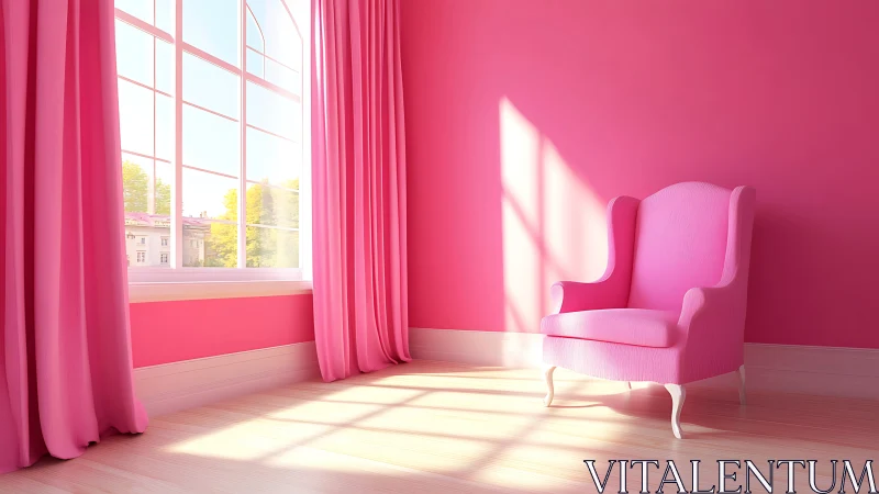 Sunlit pink reading corner glows in playful monochrome charm.