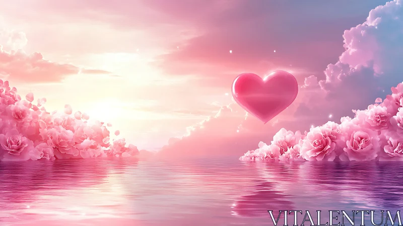 Glowing heart form centered in pink floral landscape