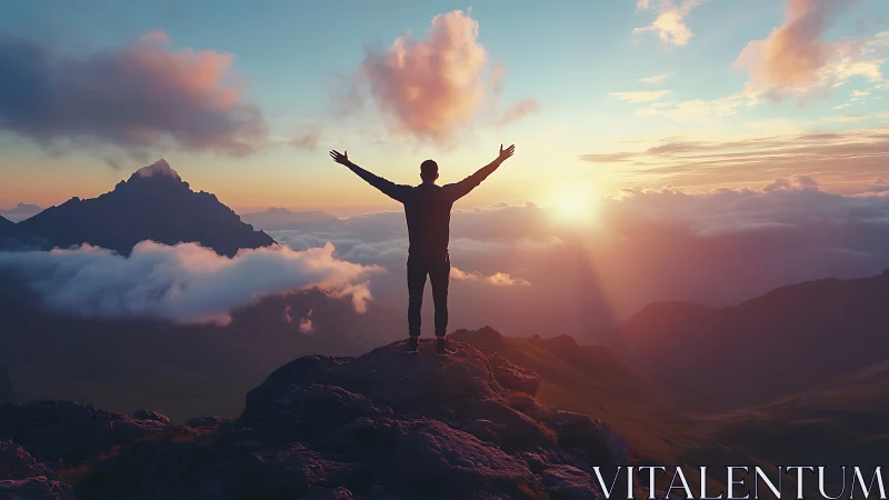 Silhouette on mountain peak greets a radiant sunrise sky.