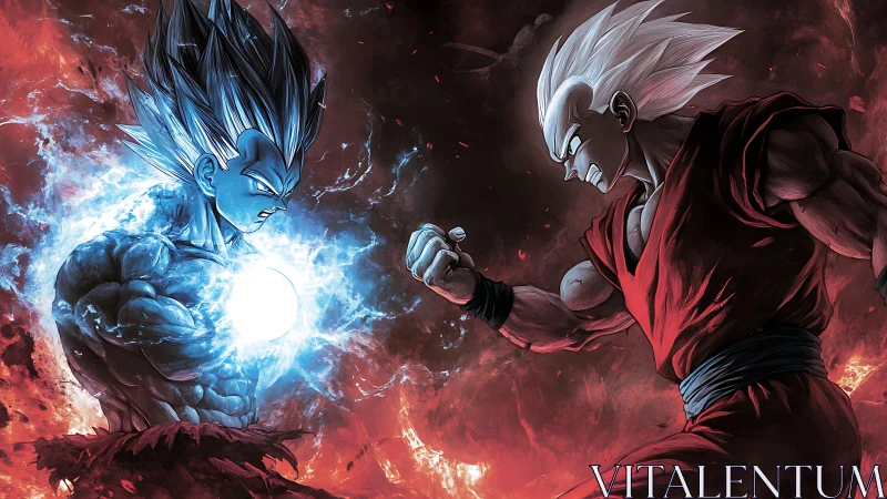 Energy-charged anime duel in fiery blue and red contrast.