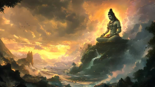 Divine figure in meditative pose above storm-lit ocean.
