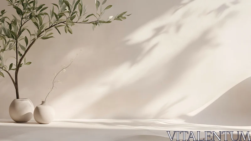 Minimalist ceramic vases with olive branches in soft daylight