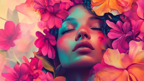Dreamlike floral portrait in neon chromatic bloom.