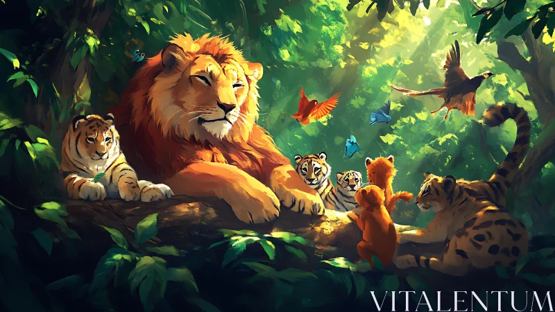 Lion and Tiger Cubs in Sunlit Jungle Sanctuary.