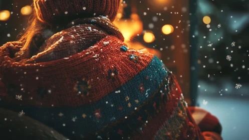 Person in knit sweater sits near window with falling snow