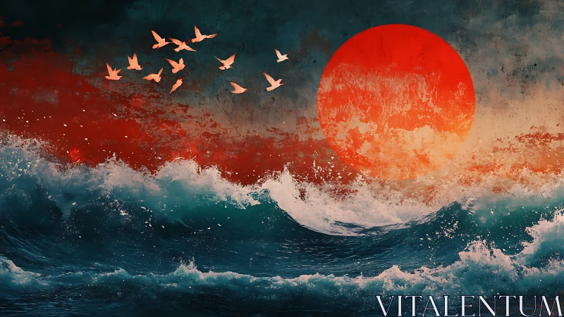 Large red sun aligns behind stylized teal ocean waves